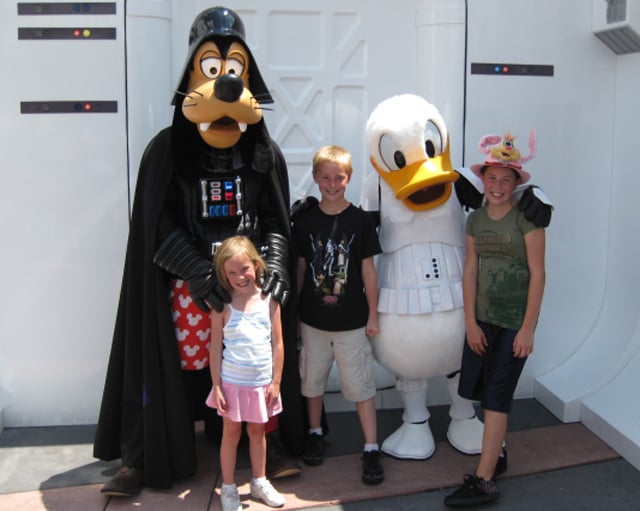 Darth Goofy and Donald.  Donald is supposed to become Donald Maul this year!  He was storm trooper.  Near Commissary and Great Movie Ride.  Fixed location.