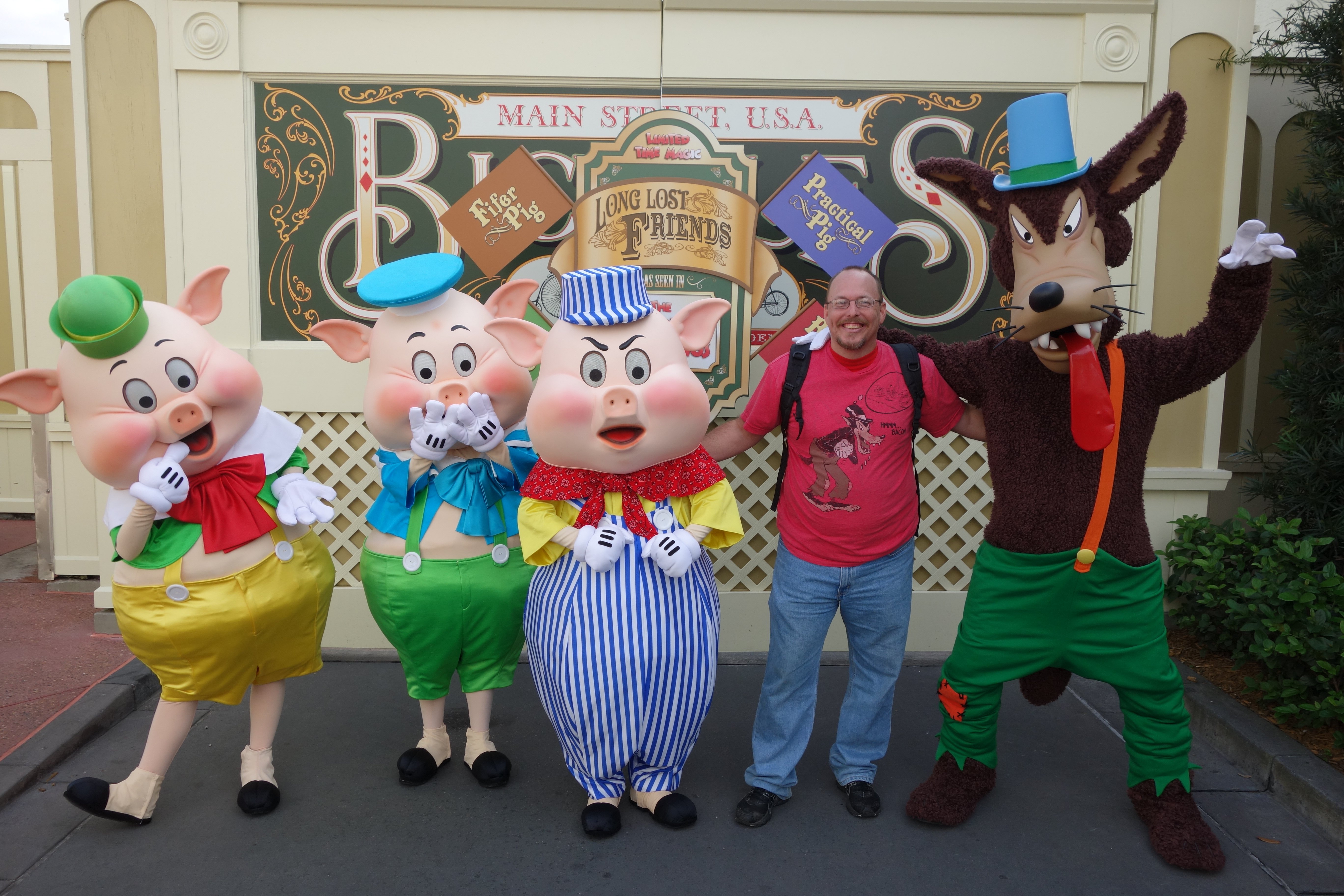 Fiddler, Fifer and Practical Pig with Big Bad Wolf.  I was wearing my BBW shirt that says, "MMMM Bacon!"