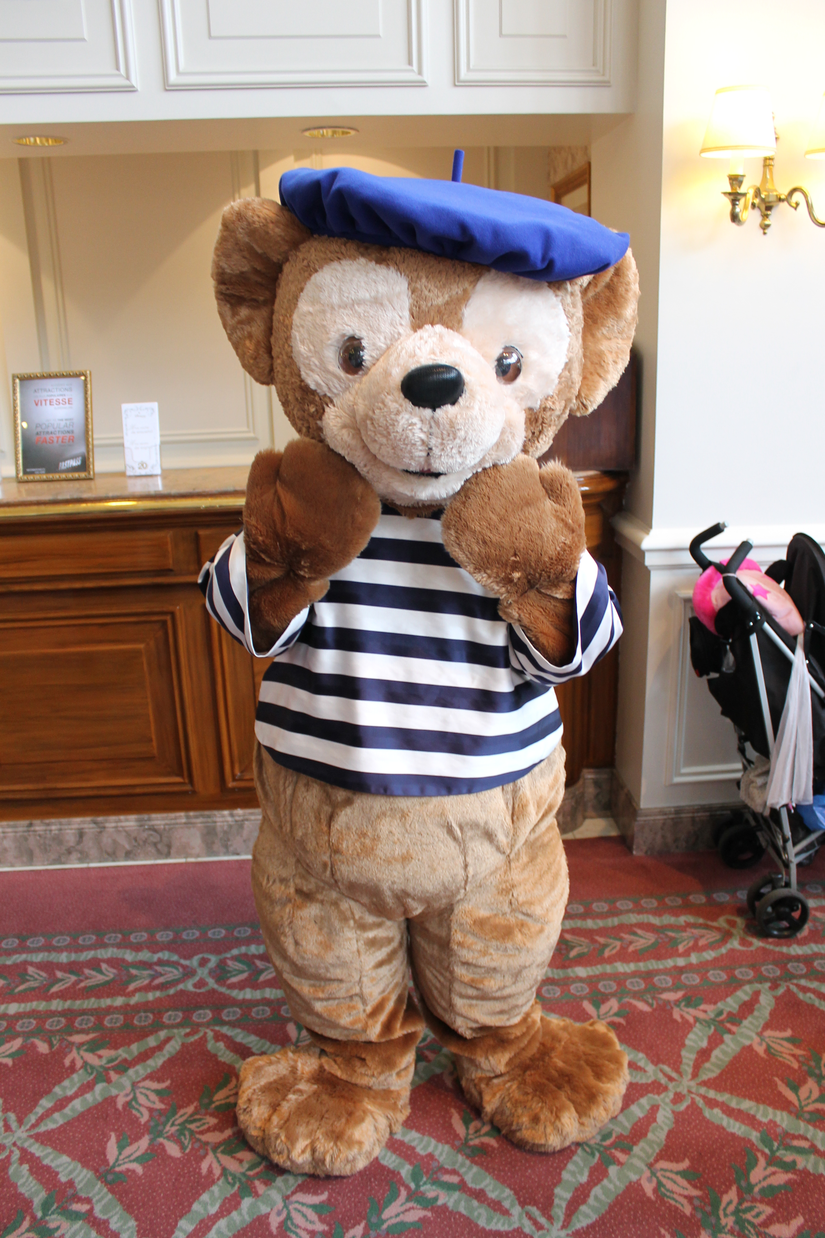 Duffy can be found at the Disneyland Hotel occasionally wearing his French outfit. This is the blue version, there is also a red version.