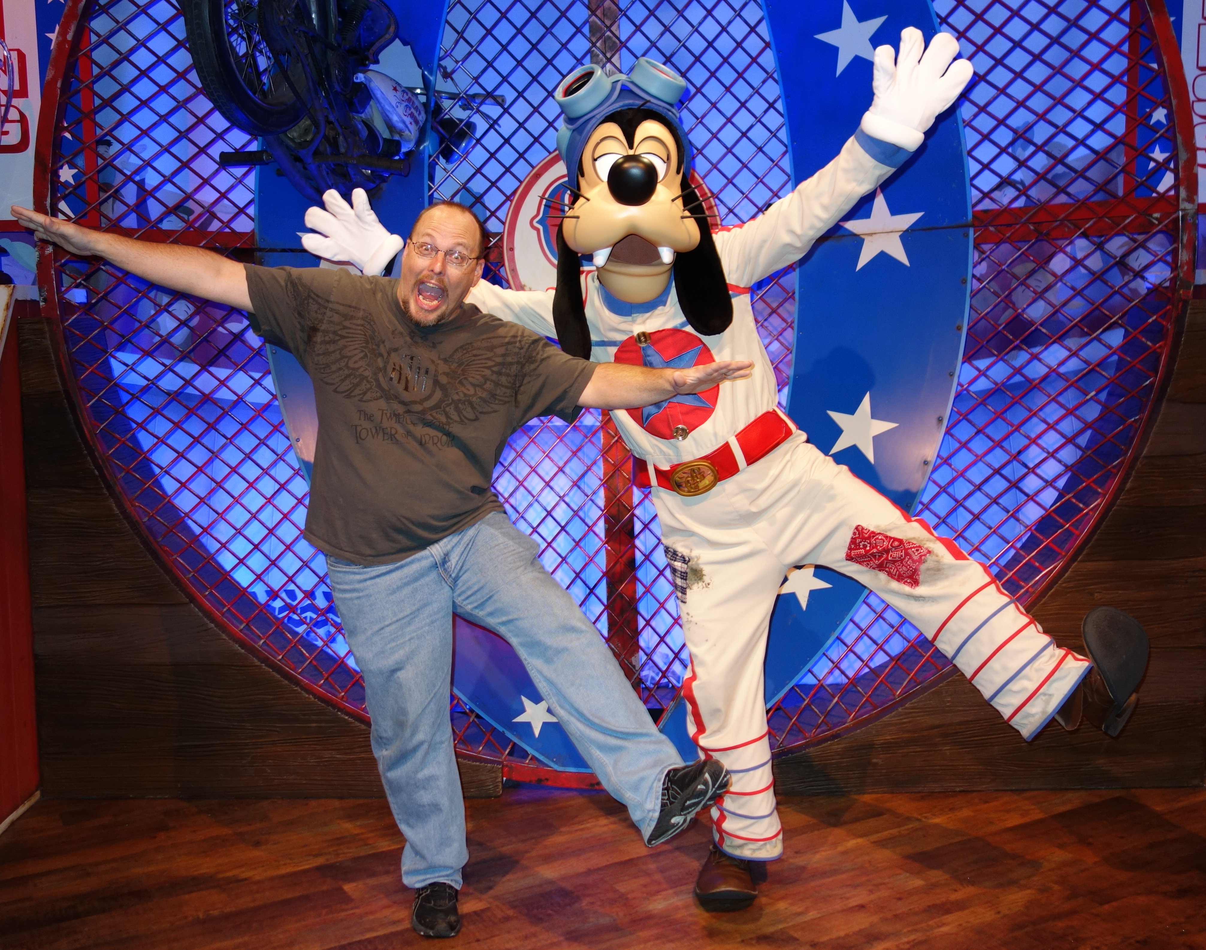 Goofy teaches me how to become a stunt performer.  We spent some time discussing all the injuries I had while doing crazy things on my bike and motorcycle as a kid.  Goofy looks about as good with the motorcycle as I was.