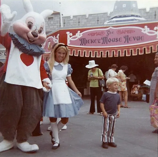 Alice and White Rabbit in Fantasyland circa 1971.  Mickey Mouse Revue is now Mickey's Philharmagic!  (Rich Muller)