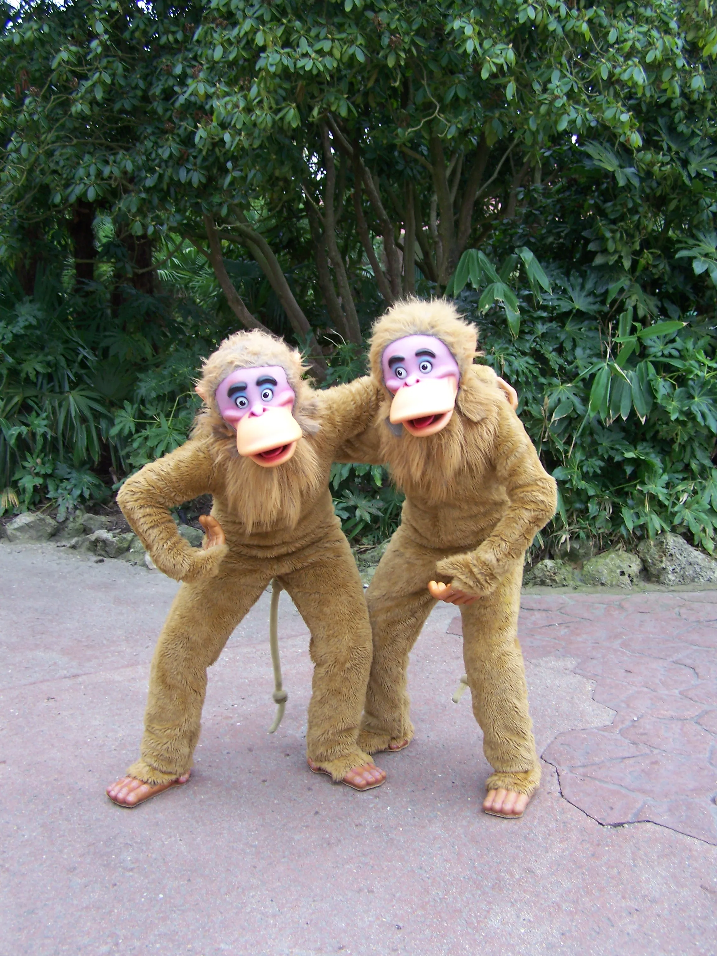 The monkeys from The Jungle Book came out for Meet'n'Greets for years, but sadly have disappeared for some time now. The last time they were out was on the 12th of April 2012 during the 20th Anniversary Celebrations that day.