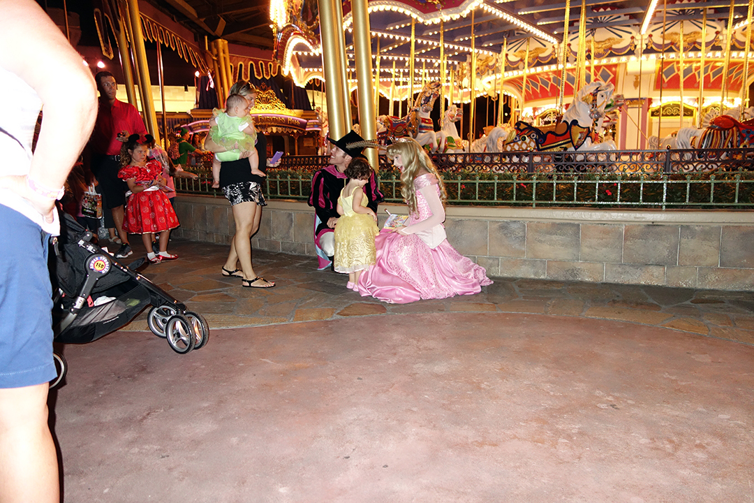 It was difficult to Locate Aurora and Phillip.  They were supposed to be behind the Castle, but found them behind the Carousel.  They close the back of the castle to prepare for fireworks.  They will move to Fairy Tale Hall for the 9/20 party anyway.  8:21 PM