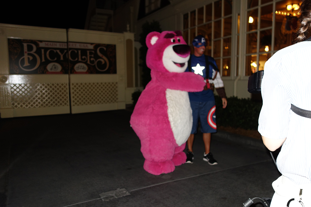 Lotso the evil Huggin' Bear.  Be careful his hugs are laced with strawberry scent to woo you over to his nefarious ways.  9:53 PM  Town Square