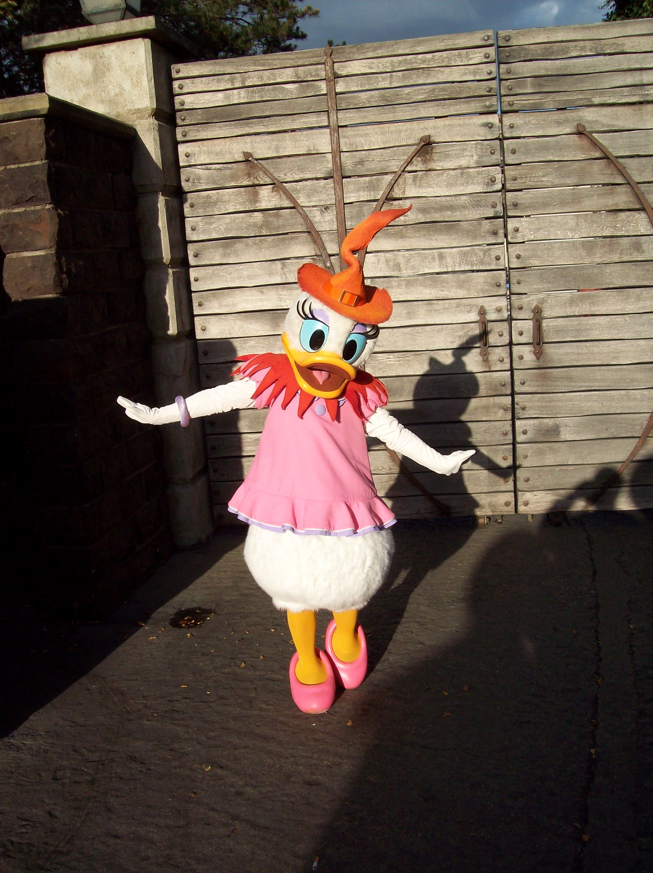 In 2008 Daisy was meeting guests in front of Phantom Manor wearing a orange witch outfit.
