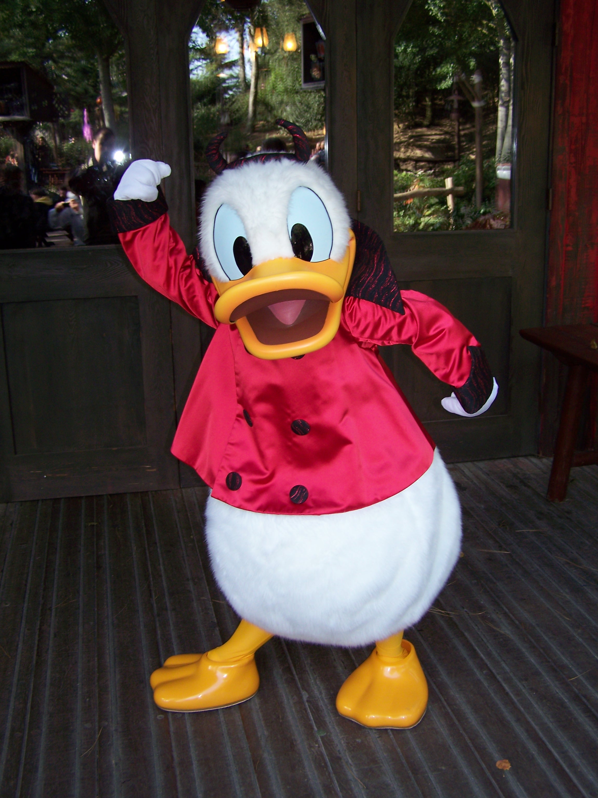 Donald wearing his devil outfit during the Halloween Season. This outfit isn't being used anymore inside the Parks, but can be found sometimes at the hotels during Halloween Season.