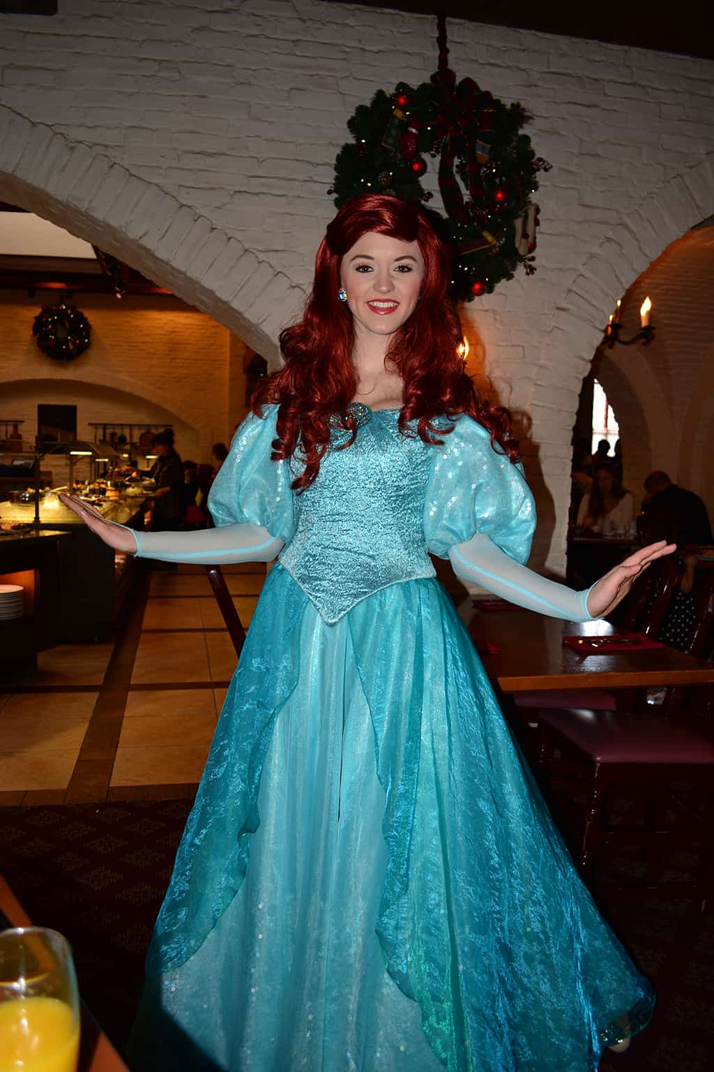Walt Disney World, Epcot, Akershus Royal Banquet Hall, Princess Character Meal, Belle in Christmas Dress, Ariel
