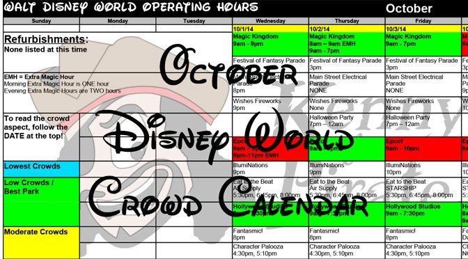 October Disney World Crowd Calendar Park Hours Entertainment with Fastpass and Dining Booking Dates KennythePirate