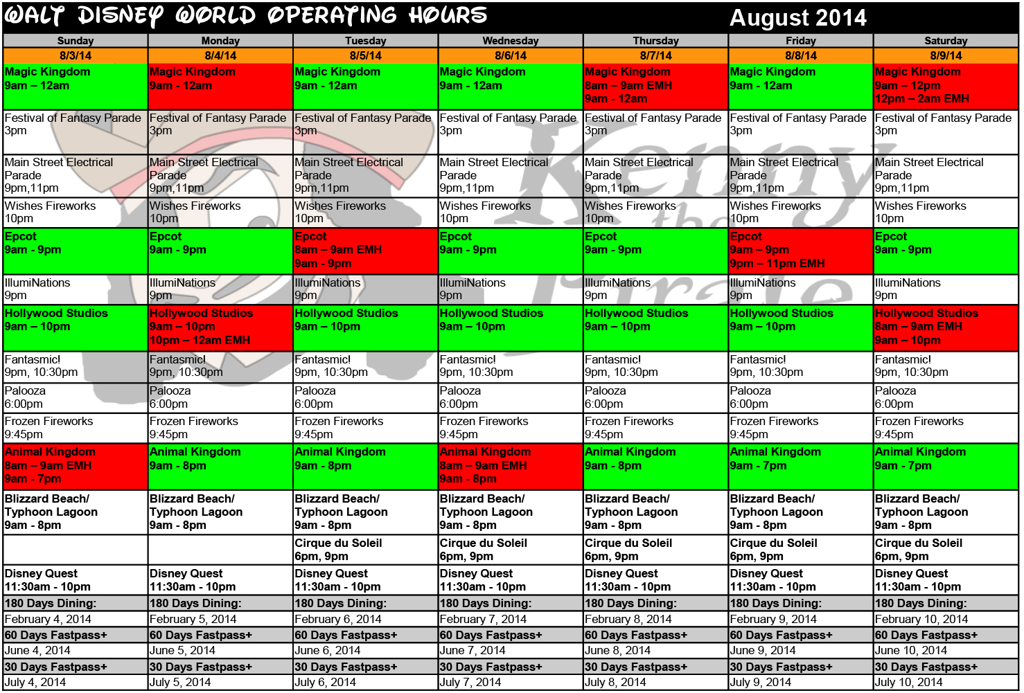 August 2014 Disney World Crowd Calendar Park Hours KennythePirate