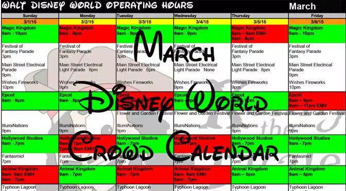 March Disney World Crowd Calenda, Park Hours, Entertainment, Fastpass and Dining Booking Dates KennythePirate