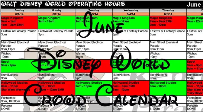 June Disney World Crowd Calendar Park Hours Fastpass and Dining Booking Dates KennythePirate