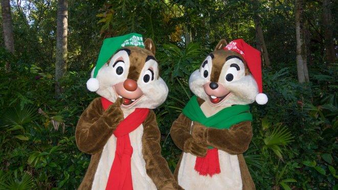 Chip n Dale in Christmas attire at Disney's Animal Kingdom