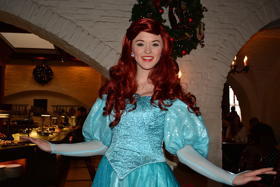 Walt Disney World, Epcot, Akershus Royal Banquet Hall, Princess Character Meal, Belle in Christmas Dress, Ariel