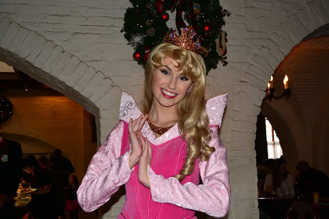 Walt Disney World, Epcot, Akershus Royal Banquet Hall, Princess Character Meal, Belle in Christmas Dress, Aurora, Briar Rose, Sleeping Beauty