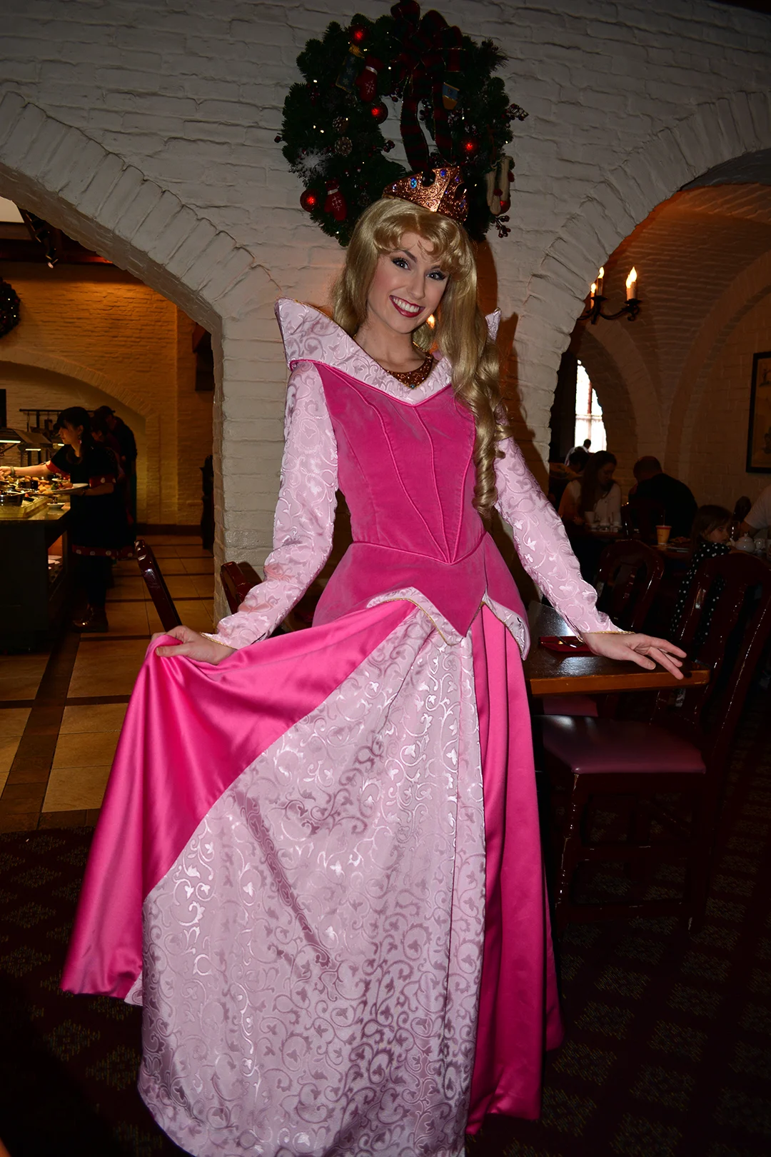Walt Disney World, Epcot, Akershus Royal Banquet Hall, Princess Character Meal, Belle in Christmas Dress, Aurora, Briar Rose, Sleeping Beauty