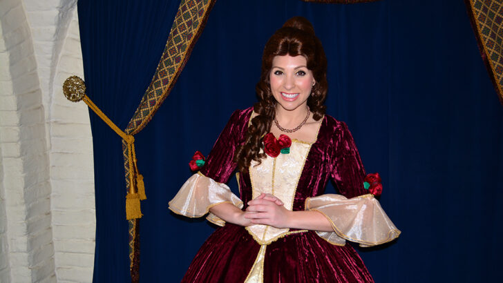 Princess Dining at Akershus Royal Banquet Hall in Norway at Epcot including Belle’s Christmas dress