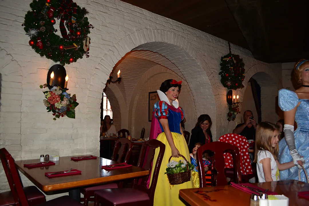 Walt Disney World, Epcot, Akershus Royal Banquet Hall, Princess Character Meal, Belle in Christmas Dress, Snow White