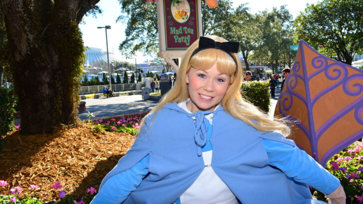 Alice in Wonderland in her winter costume at the Magic Kingdom’s Fantasyland near the Mad Tea Party