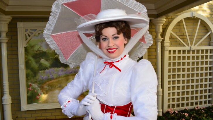 Mary Poppins in winter Jolly Holiday costume at Town Square in the Magic Kingdom