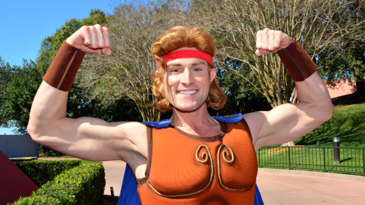 Meeting Hercules at Epcot’s Imagination Pavilion in Walt Disney World