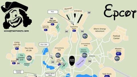 KennythePirate’s Epcot Map including Fastpass Plus locations, rides, shows, characters, dining and shopping