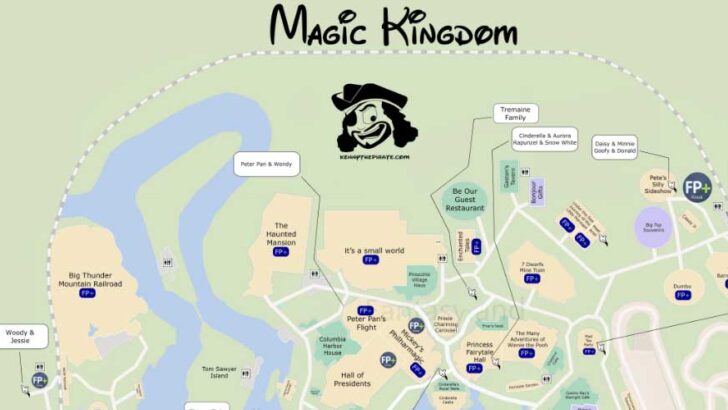 KennythePirate’s Magic Kingdom Map including Fastpass Plus locations, rides, shows, characters, dining and shopping