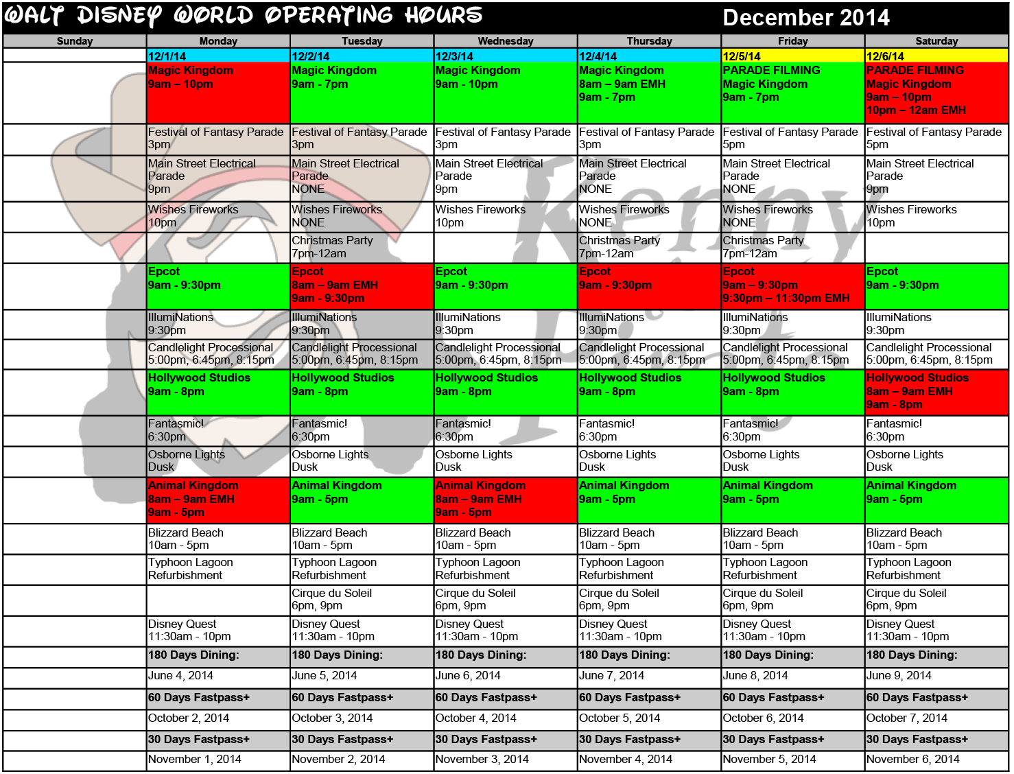 December Disney World Crowd Calendar Park Hours KennythePirate1