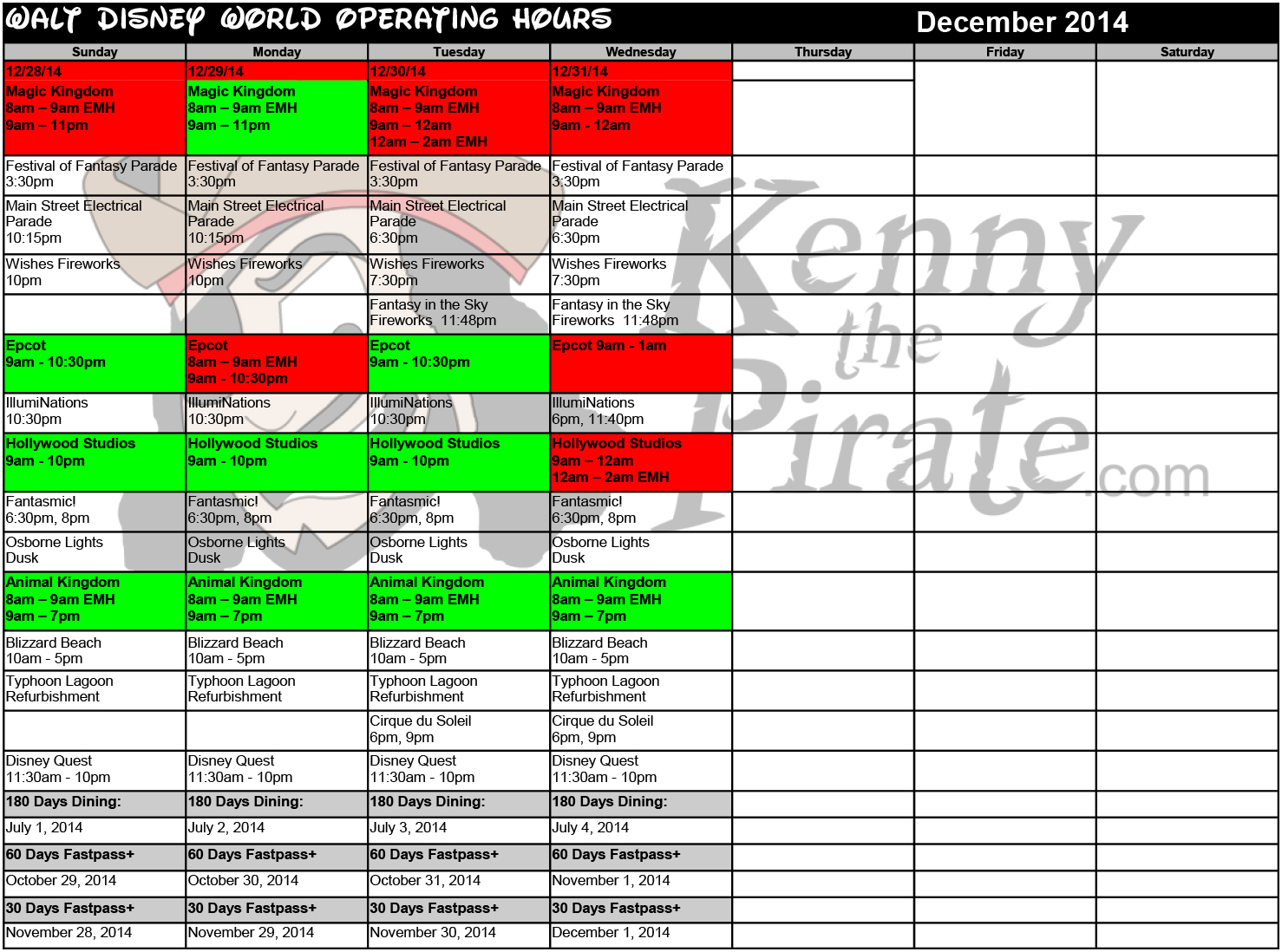 December Disney World Crowd Calendar Park Hours KennythePirate5
