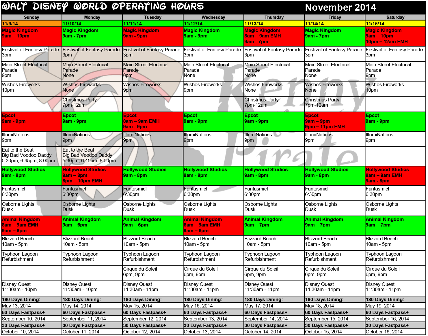 November Disney World Crowd Calendar Park Hours KennythePirate3