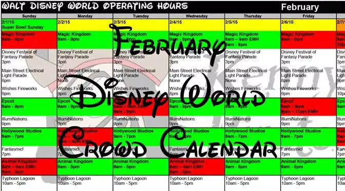 February 2018 Disney World Crowd Calendar Park Hours