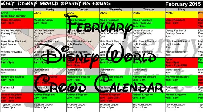 February 2018 Disney World Crowd Calendar Park Hours