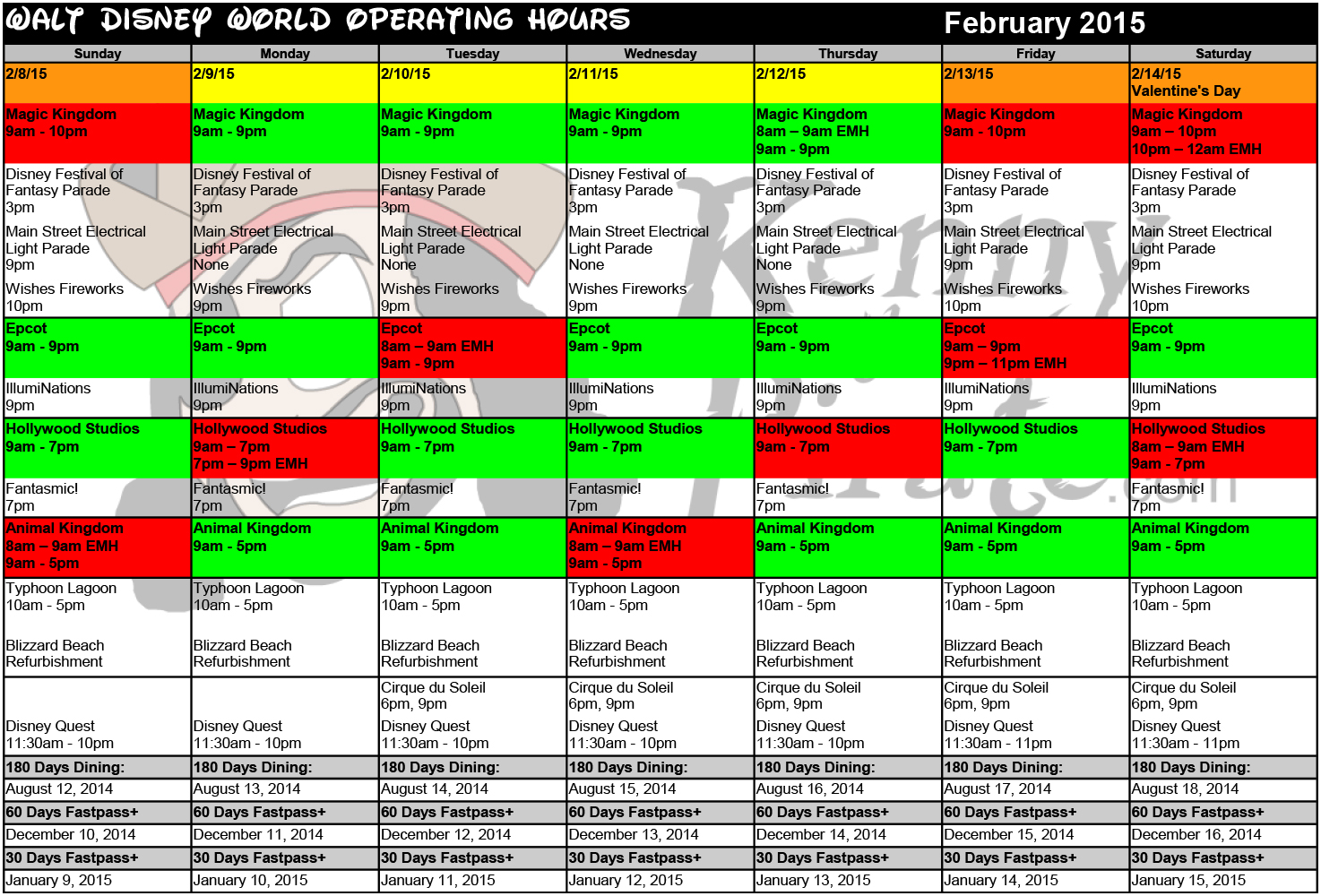 February Disney World Crowd Calendar Park Hours KennythePirate-2