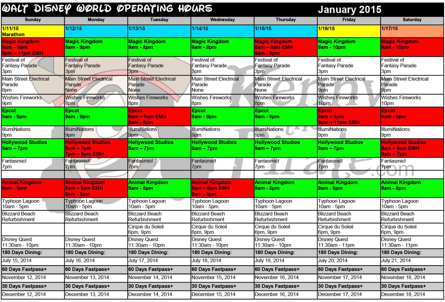 January Disney World Crowd Calendar Park Hours KennythePirate3