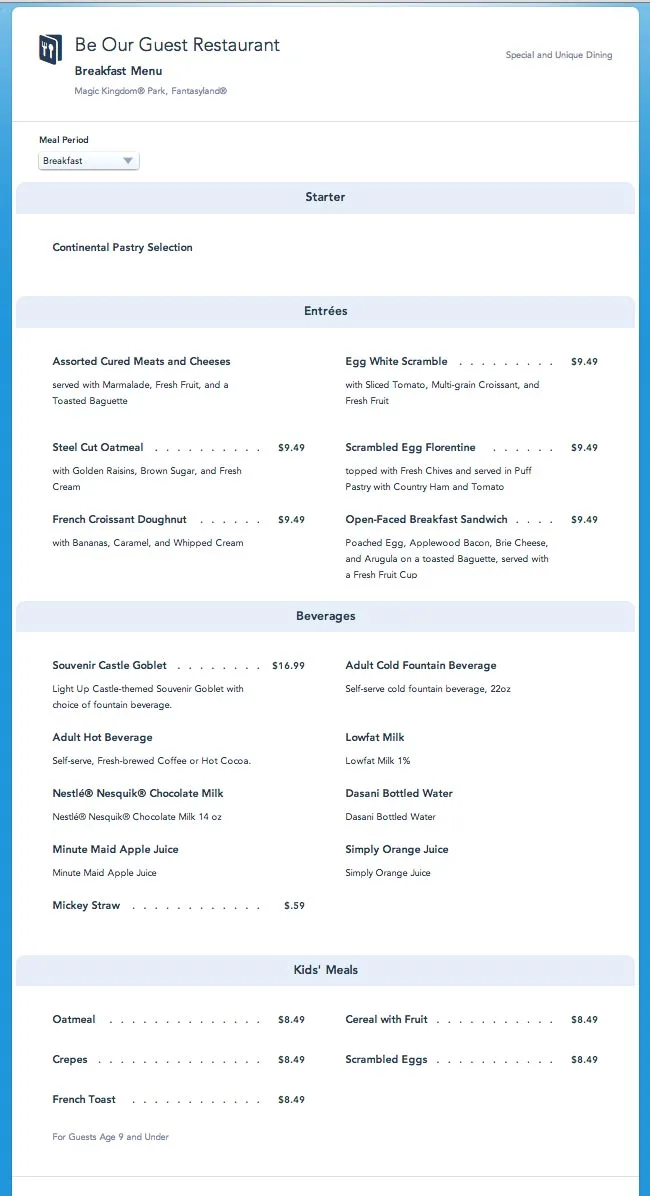 Be Our Guest Restaurant Breakfast Menu