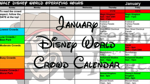 January 2018 Walt Disney World Park Hours, Extra Magic Hours and Crowd Calendar created