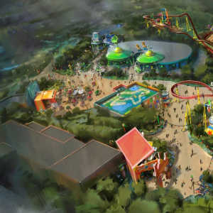 Toy Story Land green alien ride and new Toy Story Midway Mania entrance