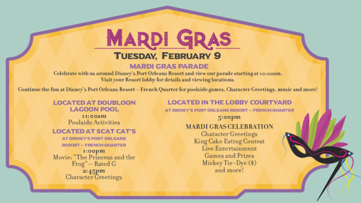 Disney World Resort Activities updated and special offerings for Mardi Gras and Valentine’s Day