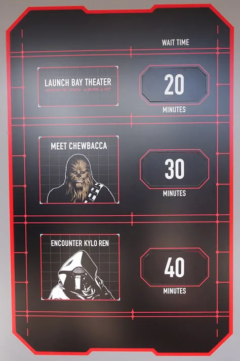 Star Wars Launch Bay wait time sign