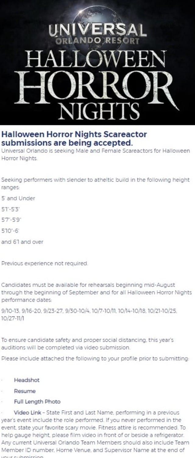 Universal Holding Auditions for Halloween Horror Nights