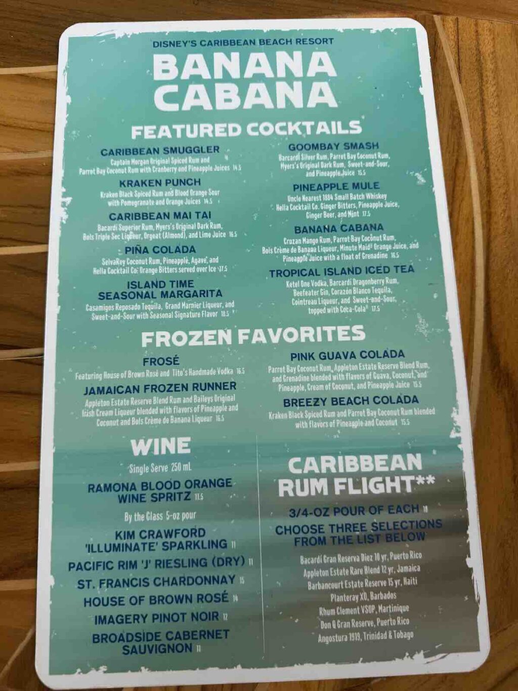 banana cabana drink menu