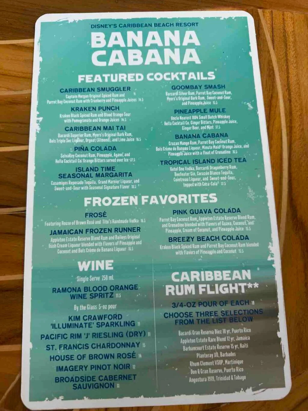 banana cabana drink menu