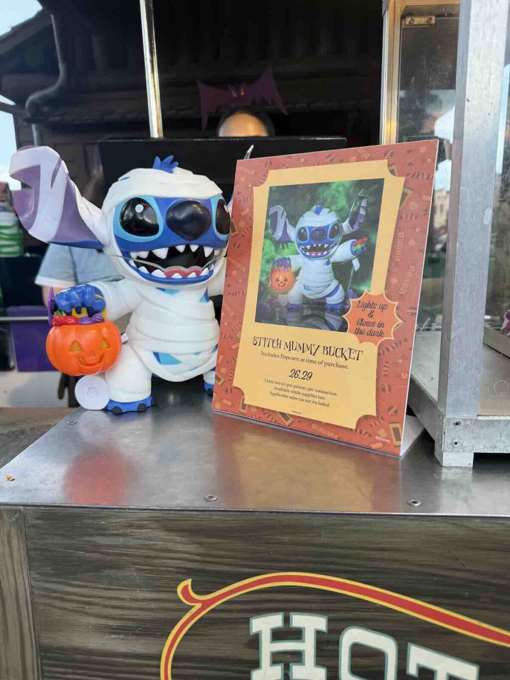 stitch mummy popcorn bucket with sign