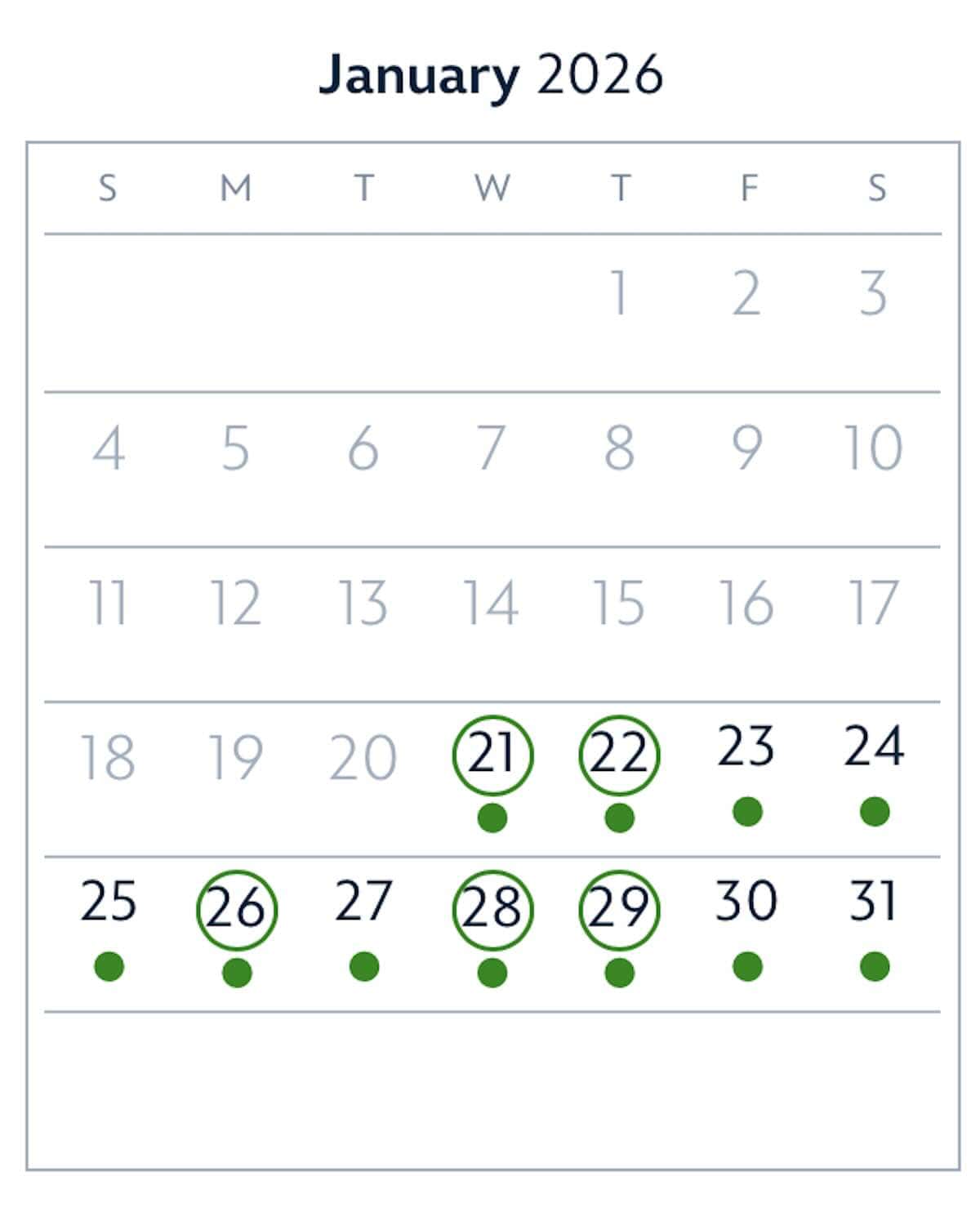 January 2026 good to go days