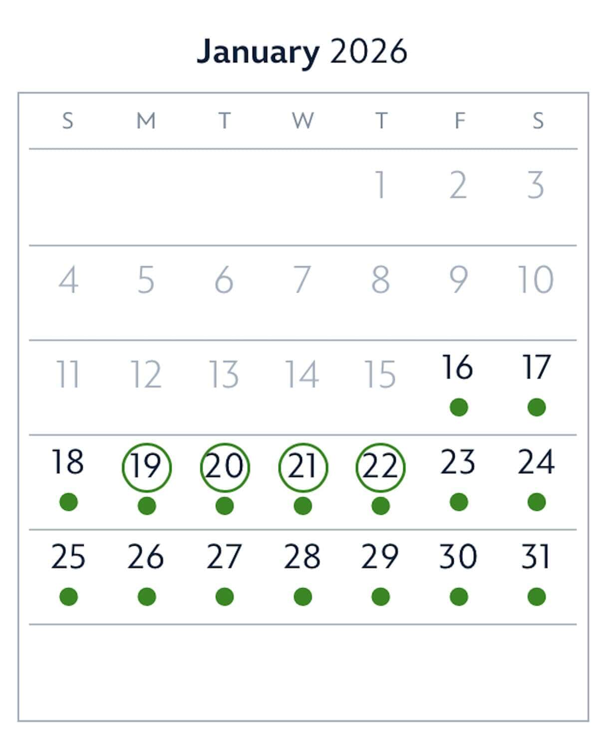 January 2026 good to go days