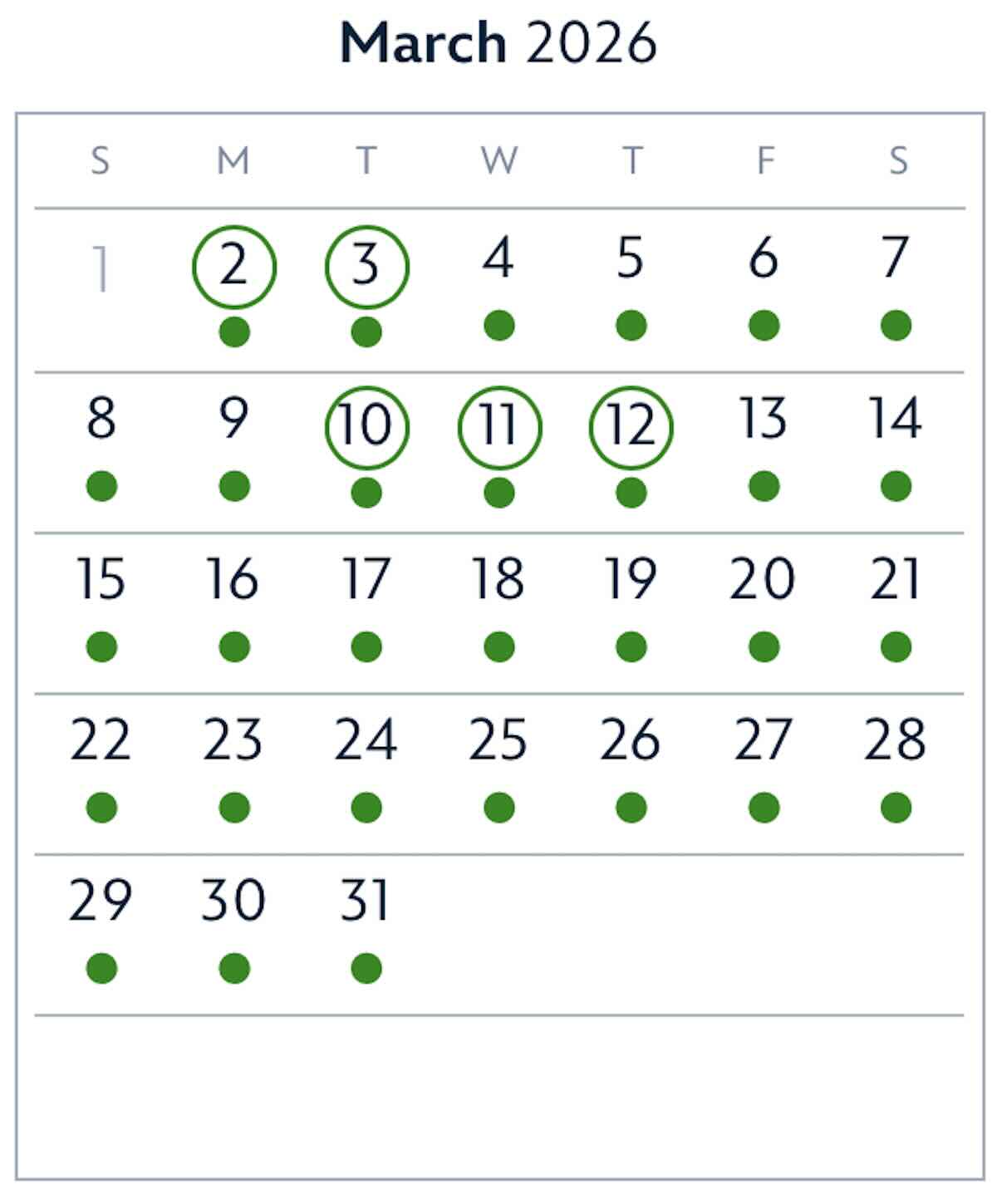 March 2026 good to go days