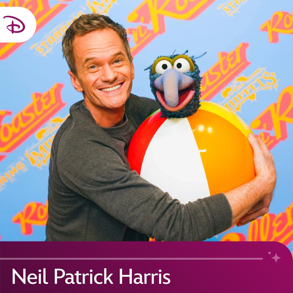 Neil Patrick Harris with Muppet character at Rock 'n' Roller Coaster.