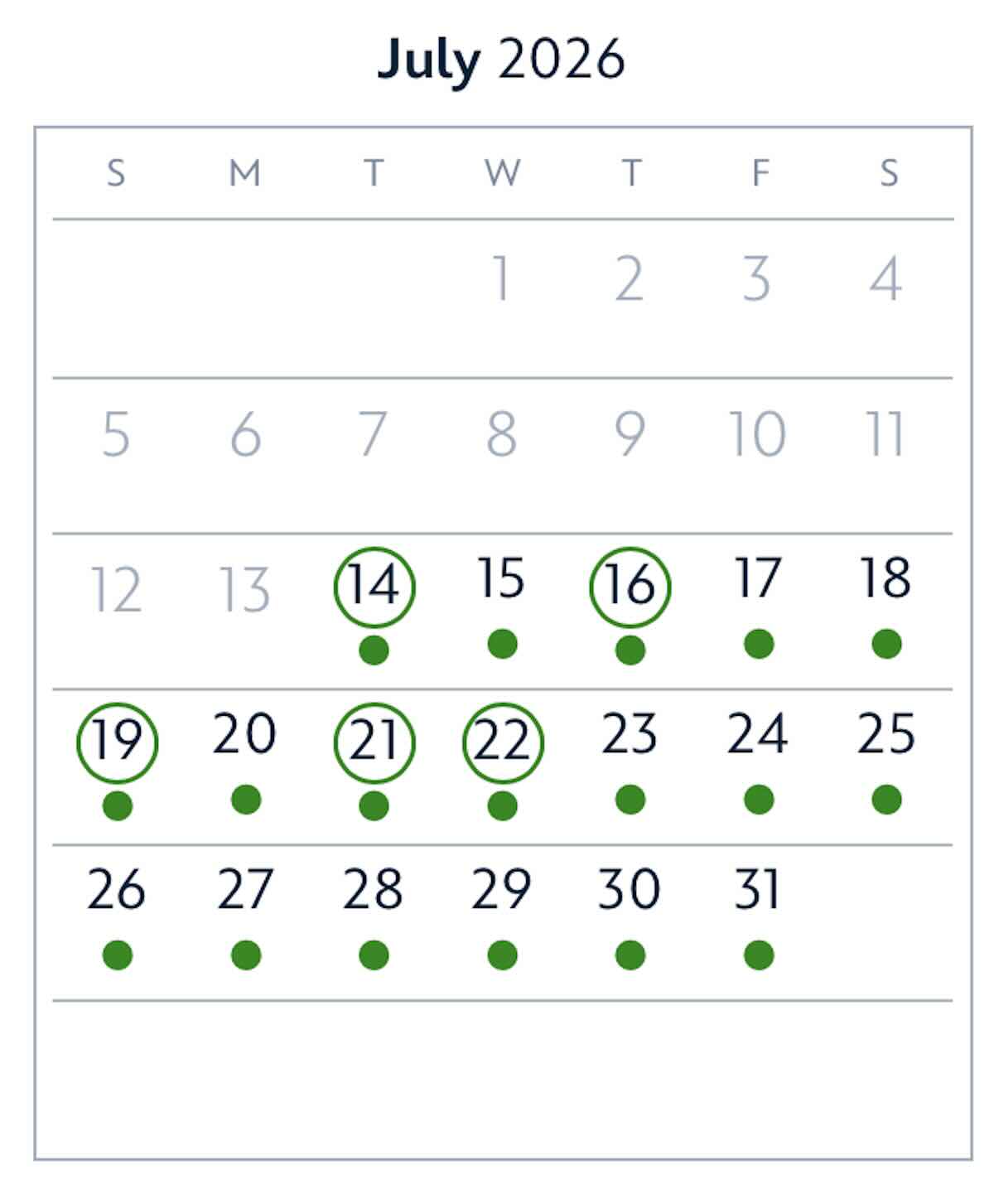 July 2026 good to go days